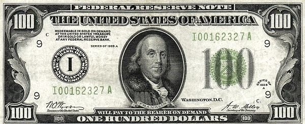 Аверс банкноты 100 долларов Federal Reserve Note; Large 100; Branch ID in Letters (Соединенные Штаты Америки) 1928 года