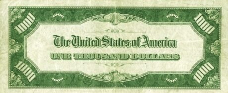 Реверс банкноты 1000 долларов Federal Reserve Note; «Redeemable in Gold» (Соединенные Штаты Америки) 1928 года