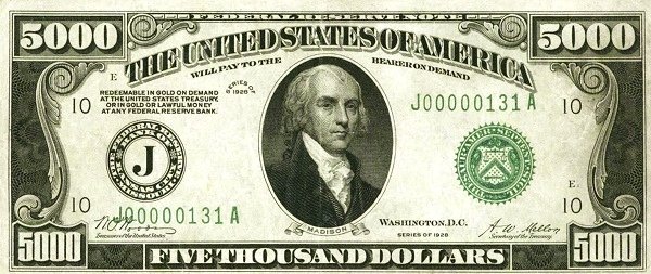 Аверс банкноты 5000 долларов Federal Reserve Note; 