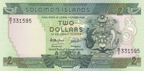 Аверс банкноты 2 долларов (Соломоновы Острова) 1986 года