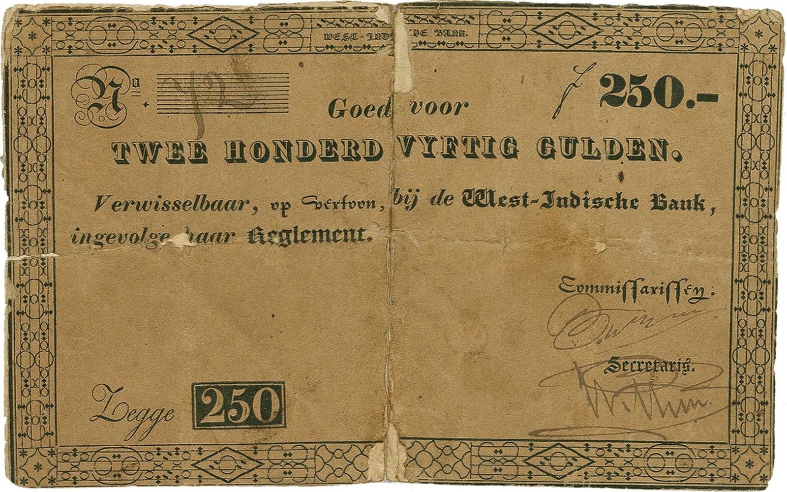 Аверс банкноты 250 гульден West-Indische Bank (Суринам) 1829 года