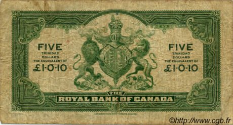 Реверс банкноты 5 dolarów Royal Bank of Canada (Trynidad i Tobago) 1938