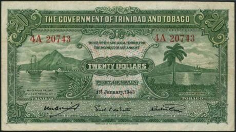 Аверс банкноты 20 долларов (Тринидад и Тобаго) 1943 года