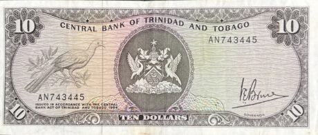 Аверс банкноты 10 долларов (Тринидад и Тобаго) 1977 года