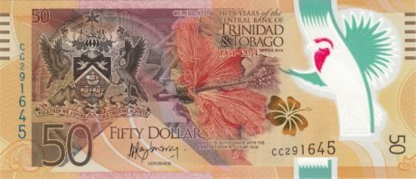 Аверс банкноты 50 dolarów „Złoty Jubileusz Banku Centralnego” (Trynidad i Tobago) 2014