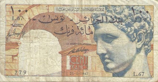 Аверс банкноты 100 франков (Тунис) 1946 года