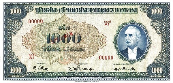 Аверс банкноты 1000 лир (Турция) 1946 года