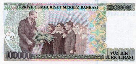 Реверс банкноты 100000 лир (Турция) 1991 года