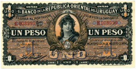 Аверс банкноты 1 песо (Уругвай) 1896 года