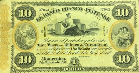 Аверс банкноты 10 песо (Уругвай) 1871 года