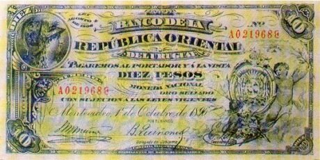 Аверс банкноты 10 песо «Временный» (Уругвай) 1896 года