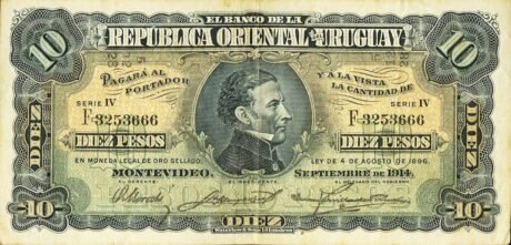 Аверс банкноты 10 песо (Уругвай) 1914 года