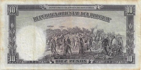 Реверс банкноты 10 pesos „Ustawa z 14 sierpnia 1935 r.” (Urugwaj) 1940 r.