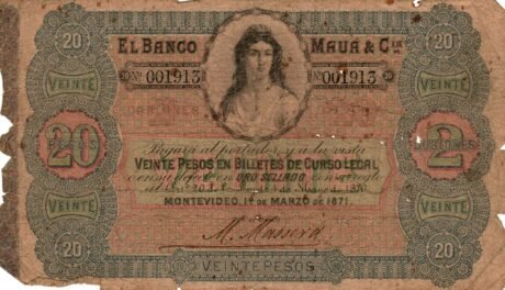 Аверс банкноты 20 песо (Уругвай) 1871 года