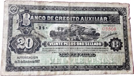 Аверс банкноты 20 песо (Уругвай) 1887 года