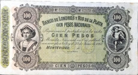 Аверс банкноты 100 песо (Уругвай) 1883 года
