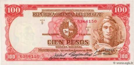Аверс банкноты 100 pesos „Ustawa z 2 stycznia 1939 r. wydana przez BROU” (Urugwaj) 1948