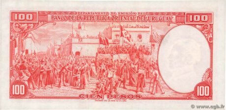 Реверс банкноты 100 pesos „Ustawa z 2 stycznia 1939 r. wydana przez BROU” (Urugwaj) 1948