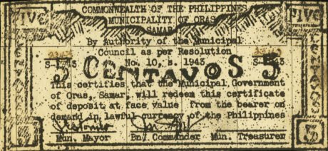 Аверс банкноты 5 сентаво (Филиппины) 1943 года