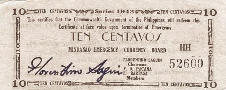 Аверс банкноты 10 сентаво (Филиппины) 1943 года