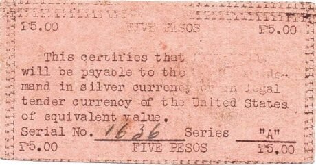 Реверс банкноты 5 pesos „Filipiński scenariusz awaryjny” (Filipiny) 1943