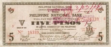 Аверс банкноты 5 песо Shaded 5; President of the Commonwealth (Филиппины) 1941 года