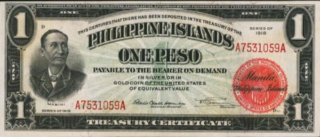 Аверс банкноты 1 песо (Филиппины) 1918 года