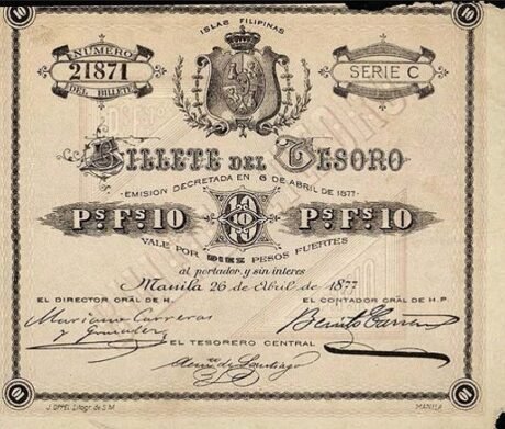 Аверс банкноты 10 pesos (Filipiny) 1877
