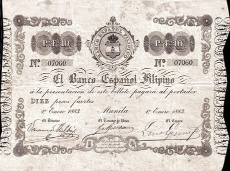 Аверс банкноты 10 песо (Филиппины) 1883 года