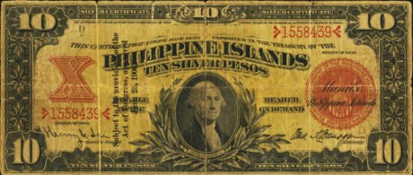 Аверс банкноты 10 песо Silver certificate; Eagle seal; With overprint (Филиппины) 1903 года