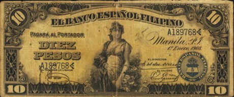 Аверс банкноты 10 песо (Филиппины) 1908 года