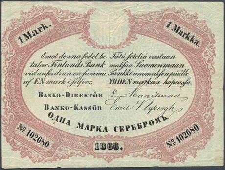 Аверс банкноты 1 марка (Финляндия) 1866 года