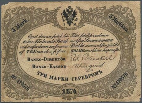 Аверс банкноты 3 марок (Финляндия) 1867 года