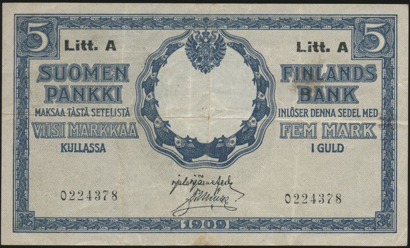 Аверс банкноты 5 марок, Litt. A 1918 (Финляндия) 1909 года