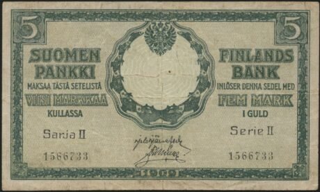 Аверс банкноты 5 марок, Sarja II 1918 (Финляндия) 1909 года