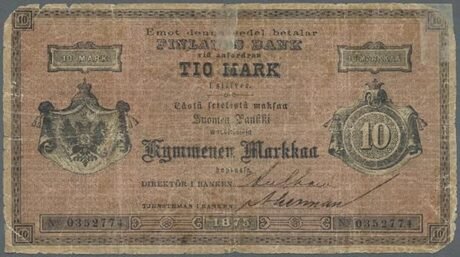Аверс банкноты 10 марок (Финляндия) 1875 года