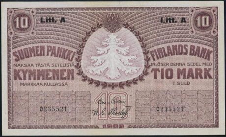Аверс банкноты 10 марок, Litt. A 1918 (Финляндия) 1909 года