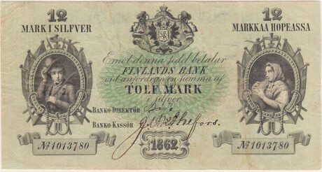 Аверс банкноты 12 marek (Finlandia) 1863