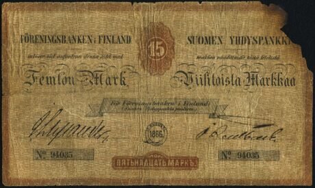 Аверс банкноты 15 марок (Финляндия) 1866 года