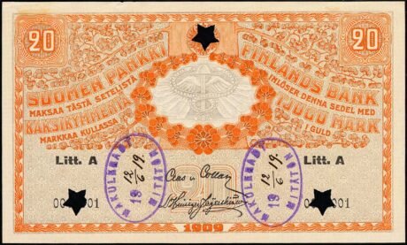 Аверс банкноты 20 марок, Litt. A 1918 (Финляндия) 1909 года