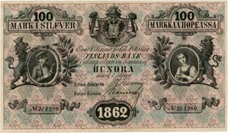 Аверс банкноты 100 марок (Финляндия) 1862 года