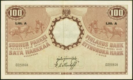 Аверс банкноты 100 марок, Litt. A 1918 (Финляндия) 1909 года