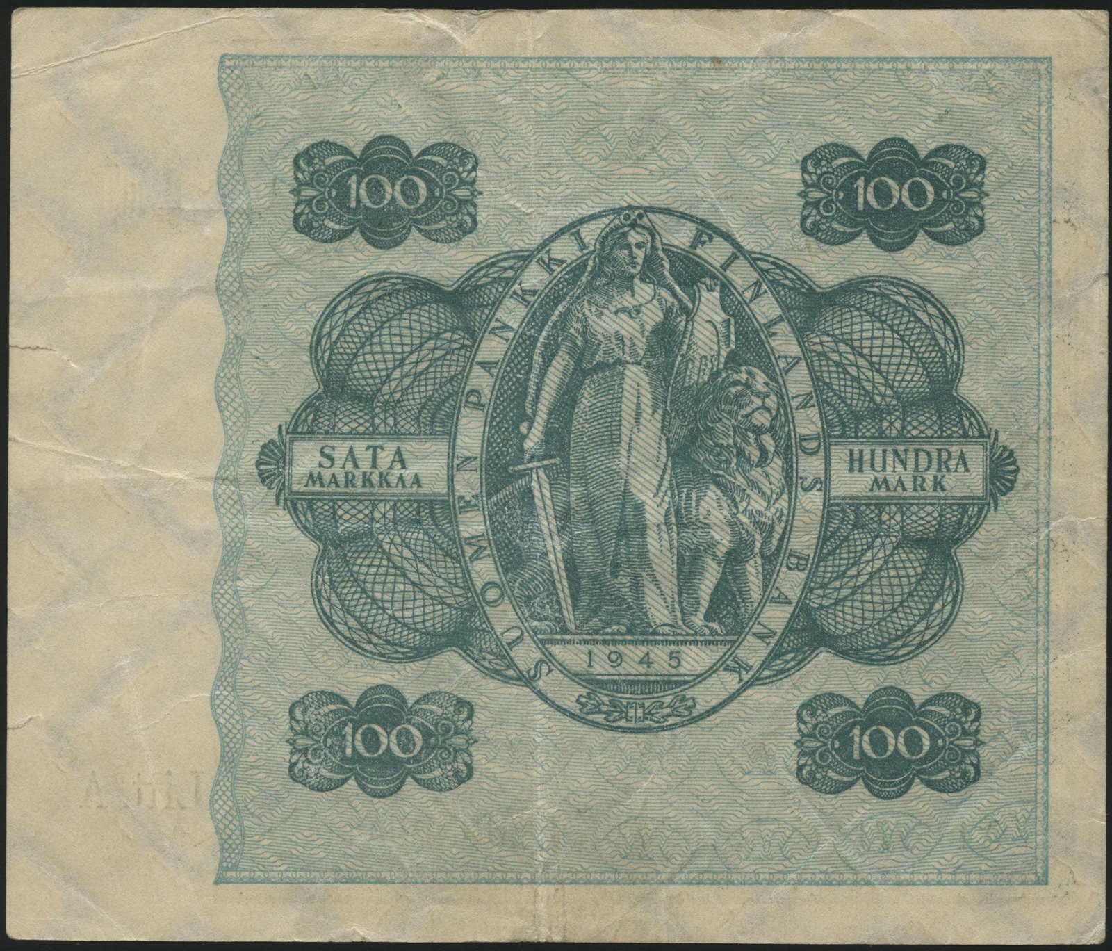 Реверс банкноты 100 марок, Litt. A (Финляндия) 1945 года