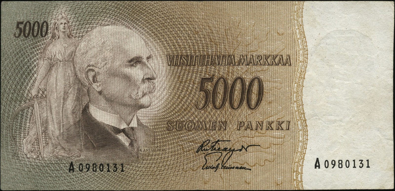 Аверс банкноты 5000 марок (Финляндия) 1955 года