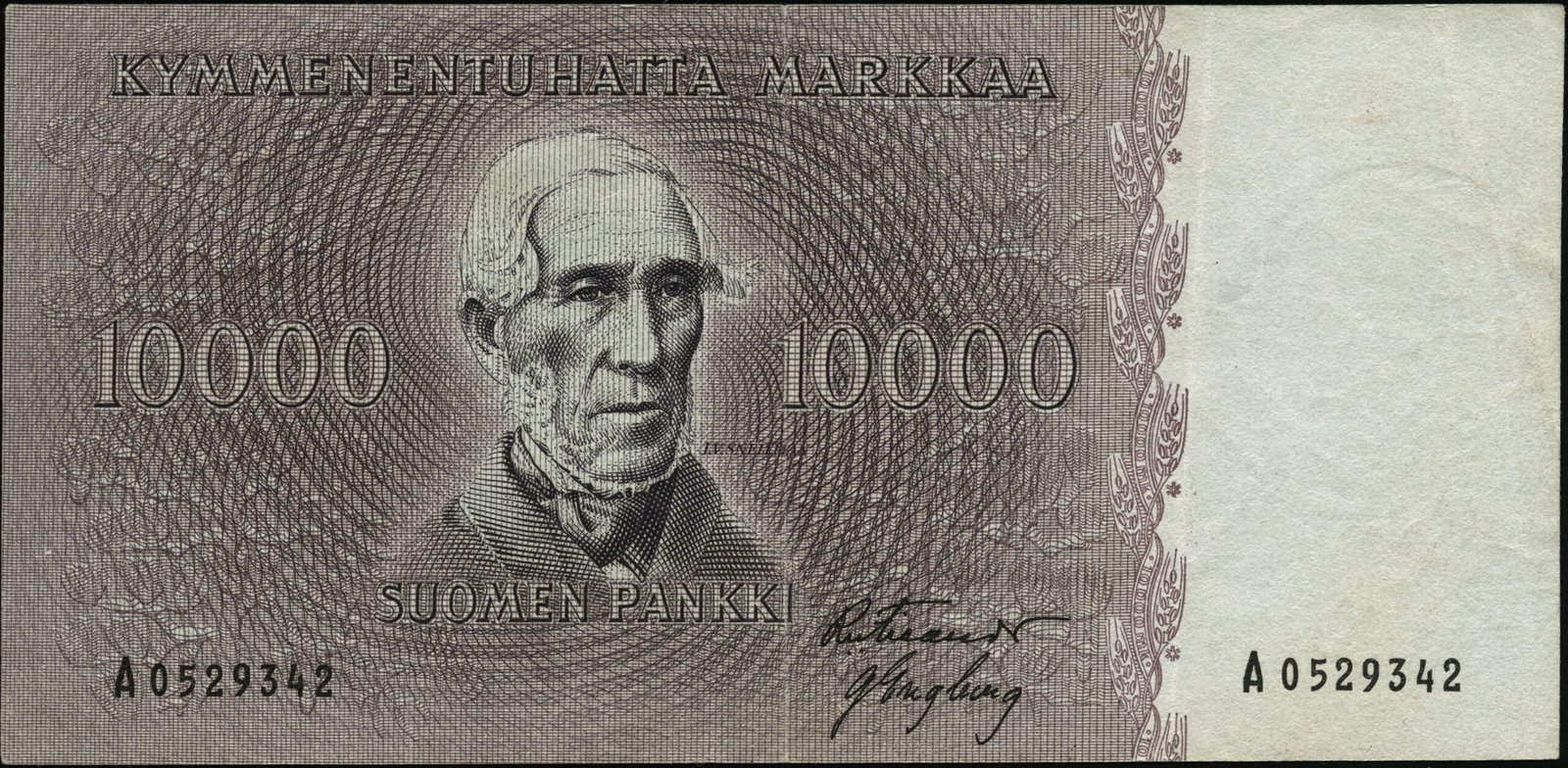 Аверс банкноты 10000 марок (Финляндия) 1955 года