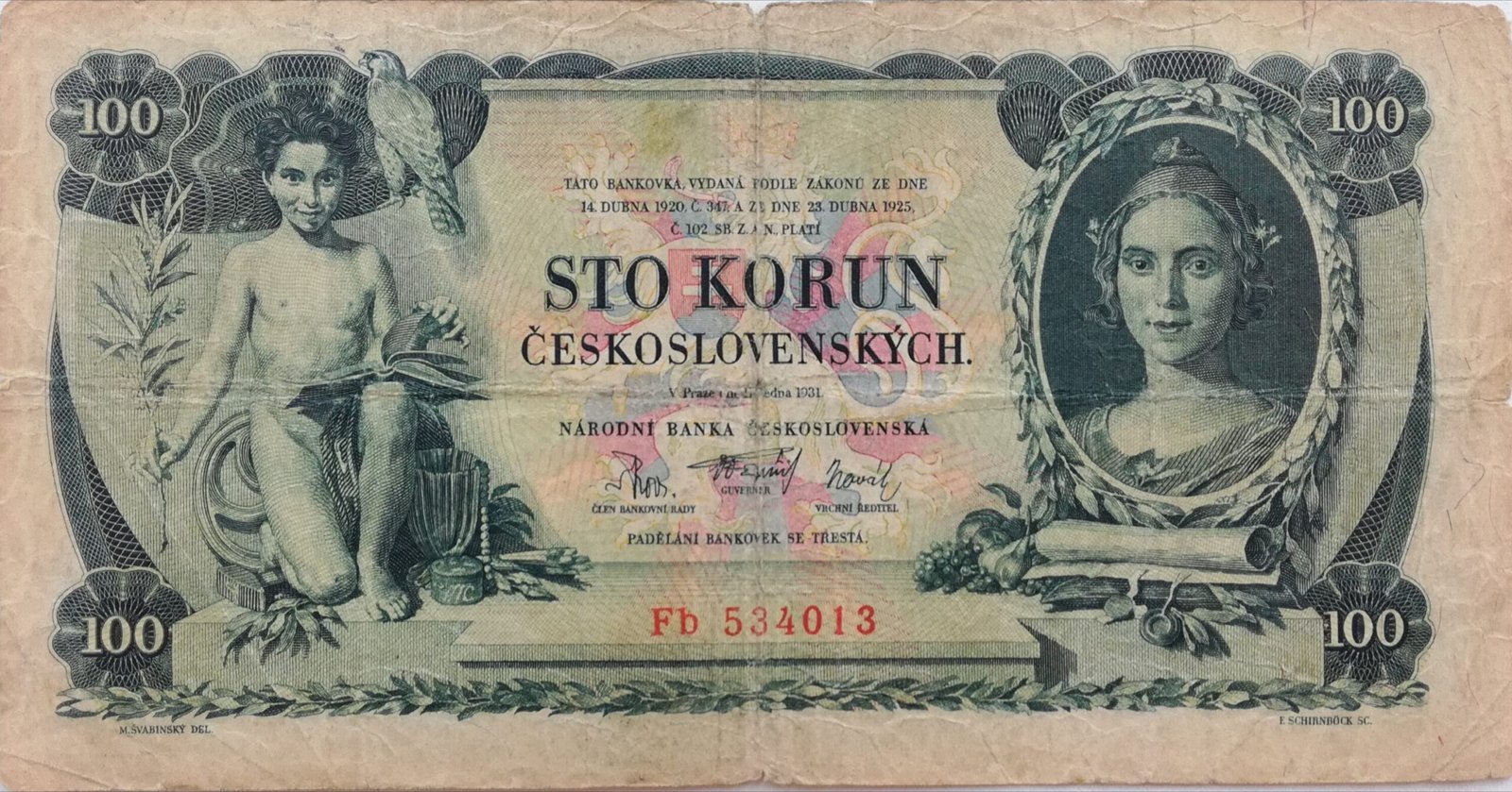 Аверс банкноты 100 крон (Чехословакия) 1931 года