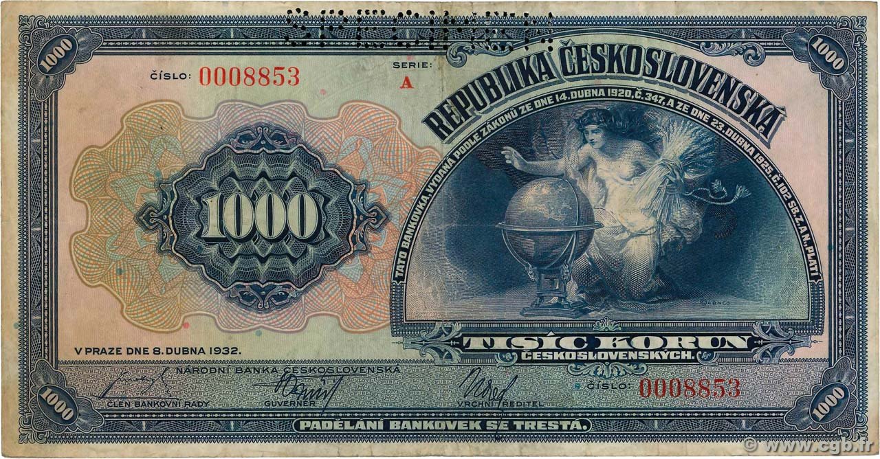 Аверс банкноты 1000 крон (Чехословакия) 1932 года