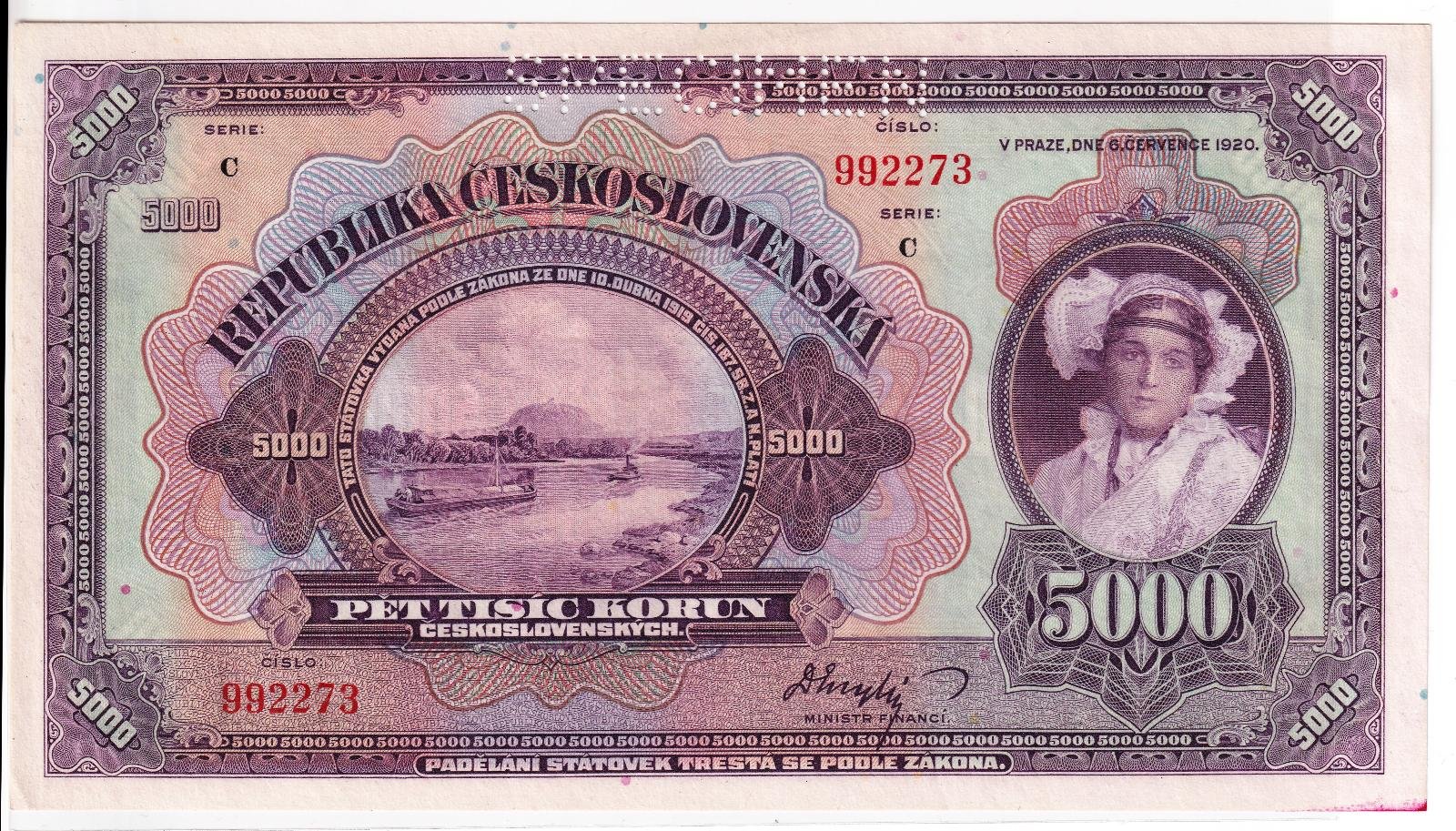 Аверс банкноты 5000 крон (Чехословакия) 1920 года