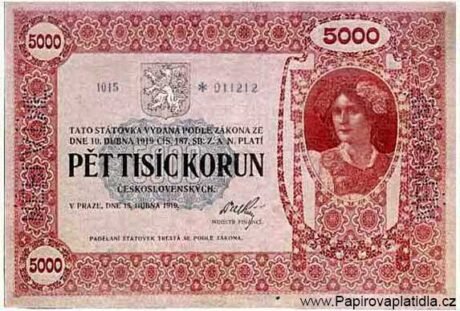 Аверс банкноты 5000 крон (Чехословакия) 1919 года