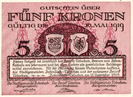 Аверс банкноты 5 крон Bodenbach-Tetschen (Чехословакия) 1919 года